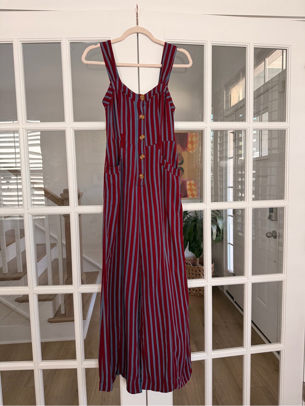 Free People Striped Red & Navy Button-Front Maxi Dress